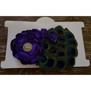 Peacock Feather Hair Clip with Purple Flower